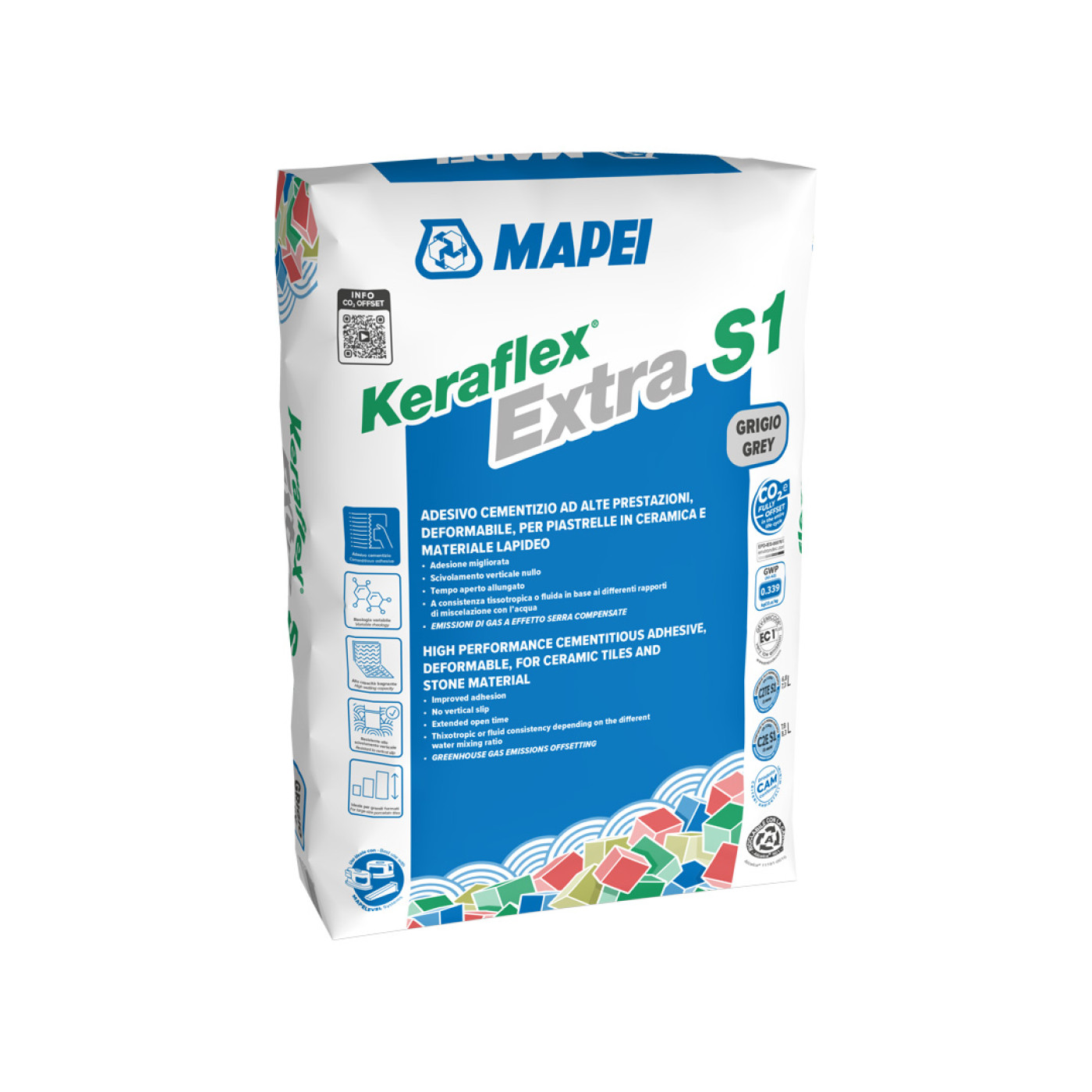 A Keraflex Extra S1 flexibilis burkolatragasztó állékony és folyós állagban is bekeverhető. Falburkoláskor az állékony, C2TE S1 besorolású változat az ideális. A „T” jelölés azt mutatja, hogy a ragasztó csúszásmentes: a felragasztott lap nem indul meg lefelé a saját súlya alatt. Ez nagy segítség függőleges felületeken, különösen nehezebb porcelán- vagy nagyméretű lapok esetén. A pontos fugakép megtartása is sokkal könnyebb, mert a lapok a helyükön maradnak.